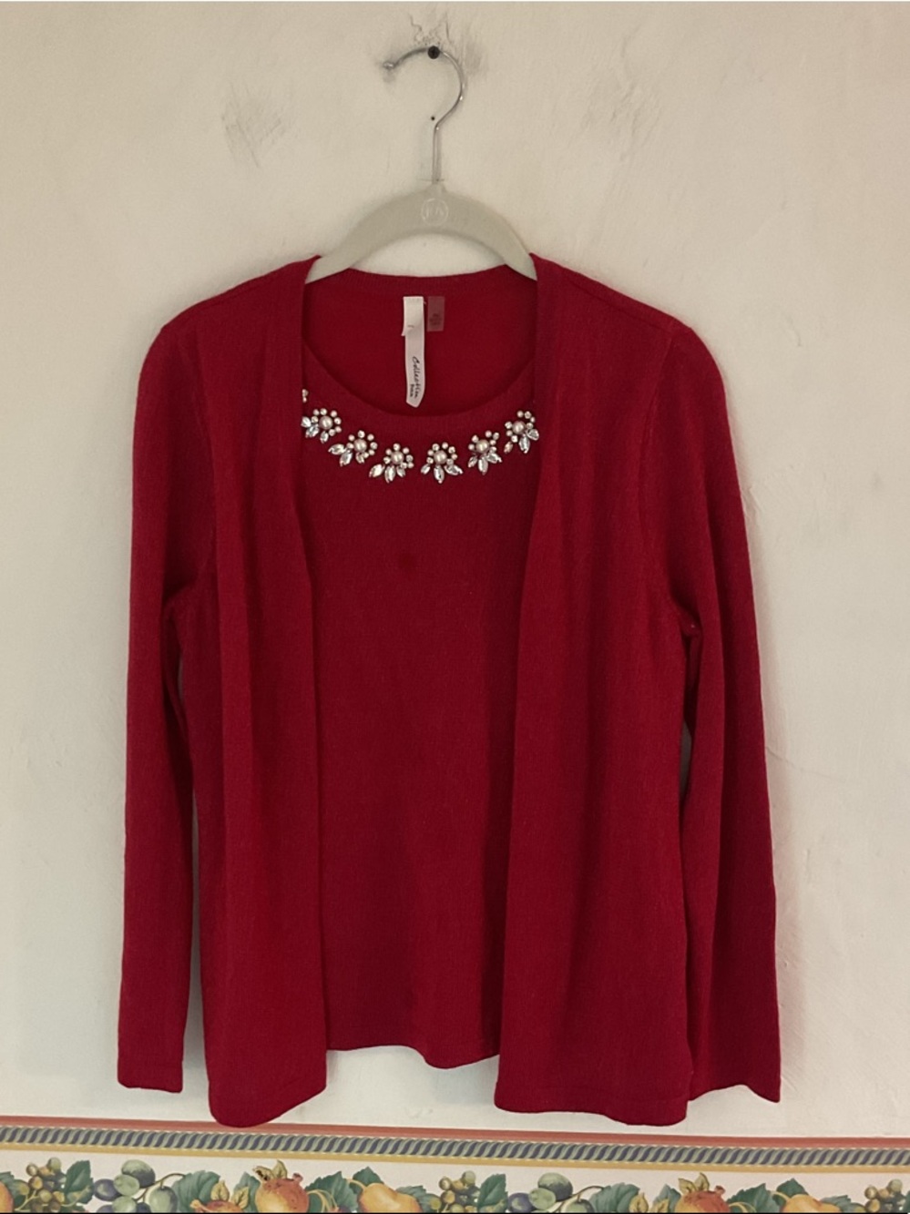 NY Collection Petite Jeweled Metallic Twin Set Size M Red